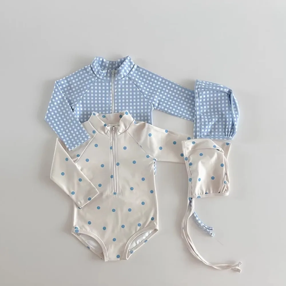 

Korean-style unisex children's baby cute printed checkered and polka dot long-sleeved sun protection one-piece swimsuiu