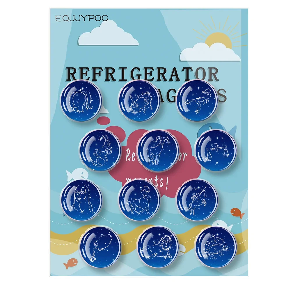 Blue Refrigerator Magnets Set of 12 Constellation Decorative Magnets Round and Square Glass Fixed Suction Home Accessories 30mm