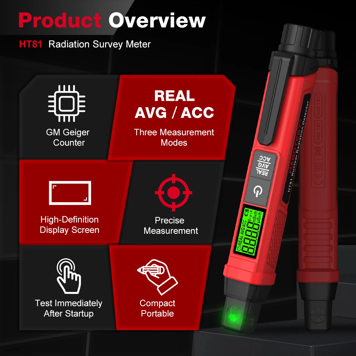 HABOTEST HT81 Nuclear Radiation Detector Pen Portable Geiger Counter Dosimeter for Uranium Ore Gem Stone Testing