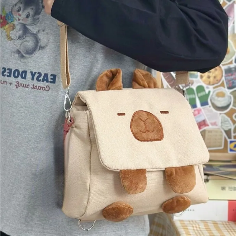 Xiuya Cute Capybara Shoulder Bag for Women Canvas Small 2024 New Fashion Cartoon Backpack Kawaii Simple Designer Female Handbag