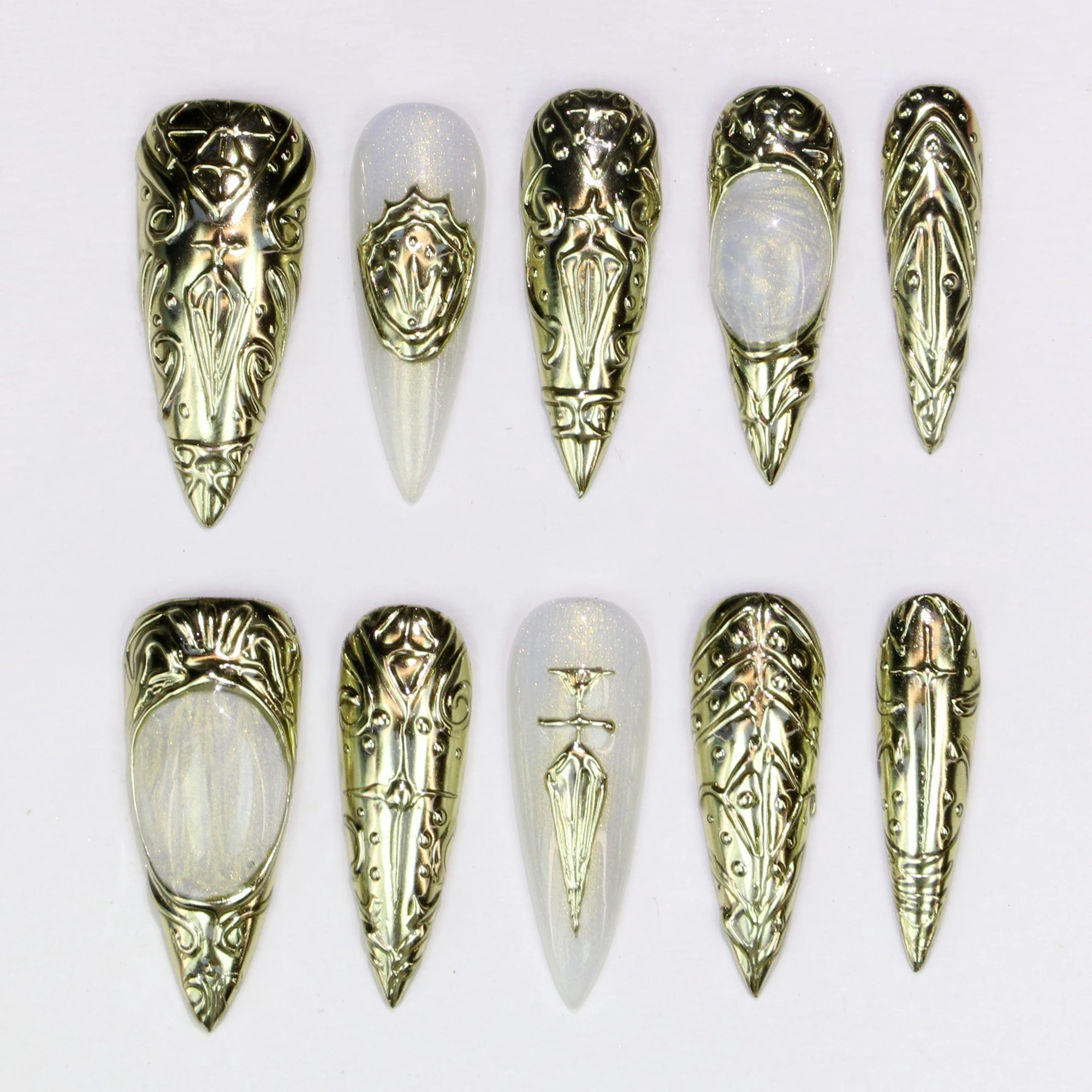 10Pcs 3D Custom Long Stiletto Press on Nails Glossy Gothic style Beautiful Handpainted Nails Suitable for Wedding Events