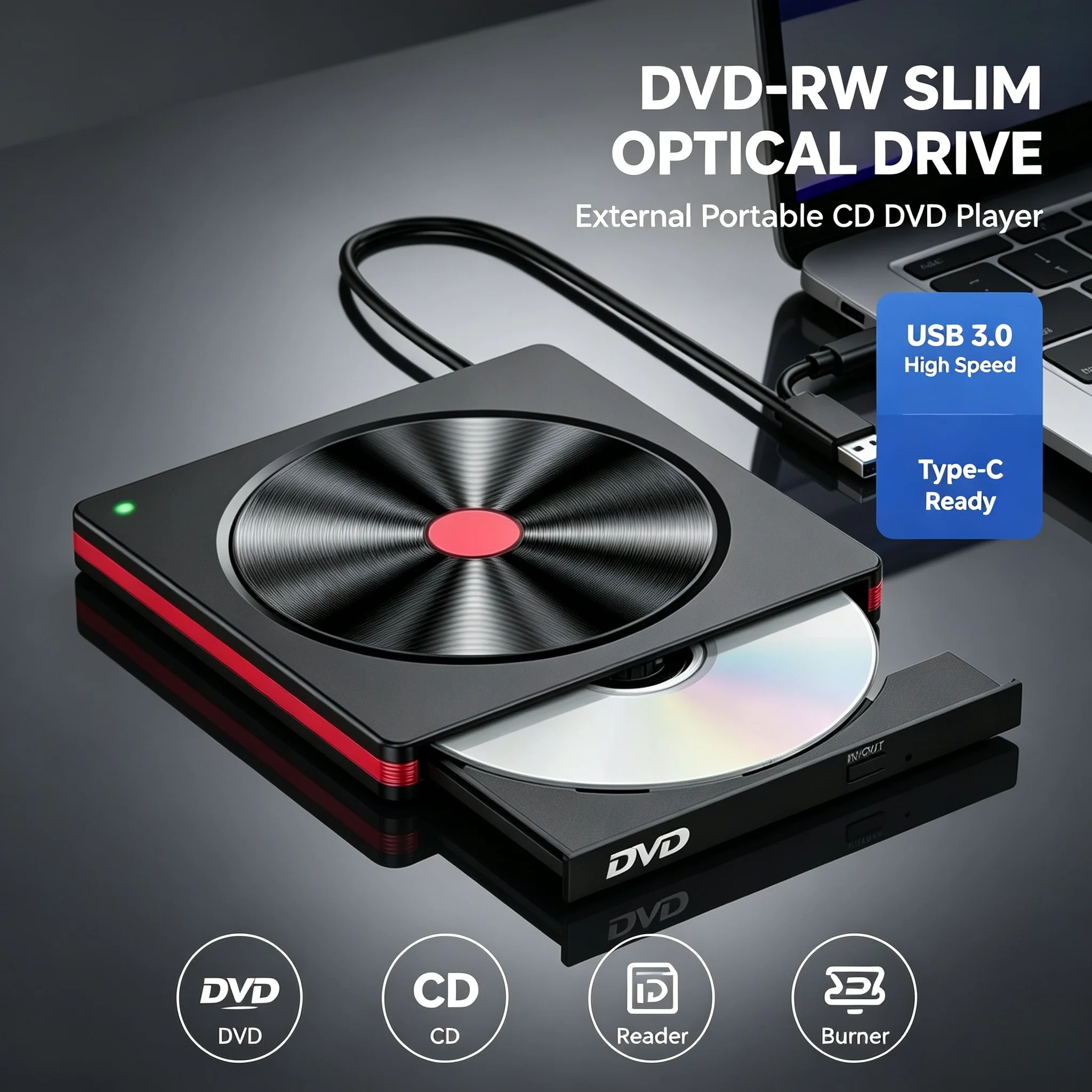 External DVD RW Drive, Portable USB 3.0 Optical ODD Device CD DVD Writer Burner Reader Player for Laptop Desktop PC