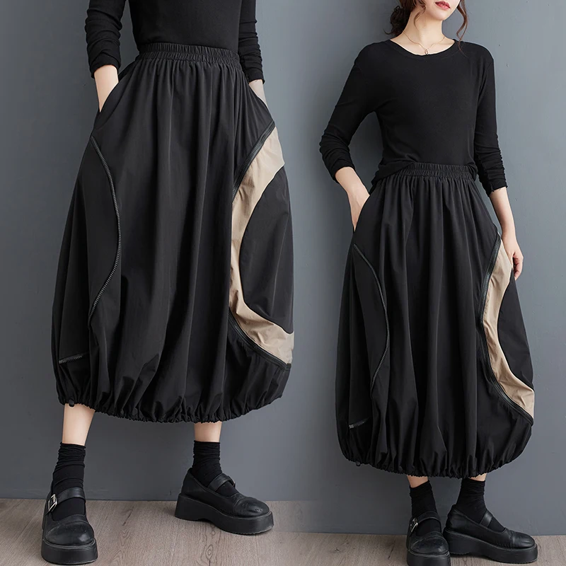 

k Color Blo Contrast A-Line Skirt High Waist Slim Fit Zipper Versatile Design Autumn New Sle Medium Length Skirt