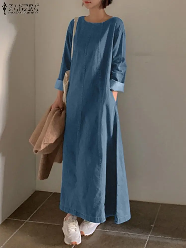 Vintage Women Long Sleeve Denim Blue Sundress ZANZEA Autumn Casual Loose Dress Robe Femme Solid Fashion Party Vestido Oversize