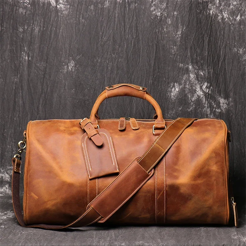 High Quality Vintage A4 Brown Black Large Big Thick Genuine Crazy Horse Leather Business Men Travel Bag Cowhide Male Duffle M183