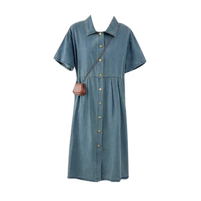Frauen Retro Kurzarm Denim Kleid Sommer Neue Blau drehen-unten Kragen Einreiher Mittlere Länge Lose Shirts Kleider dame