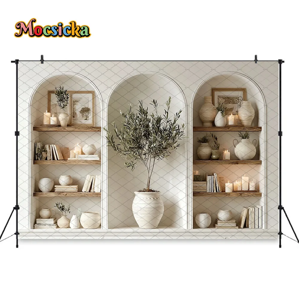 Mocsicka Photography Background Rustic Arch Shelf Boho Home Library Backdrop Family Portrait Mother's Day Photoshoot Studio view 6