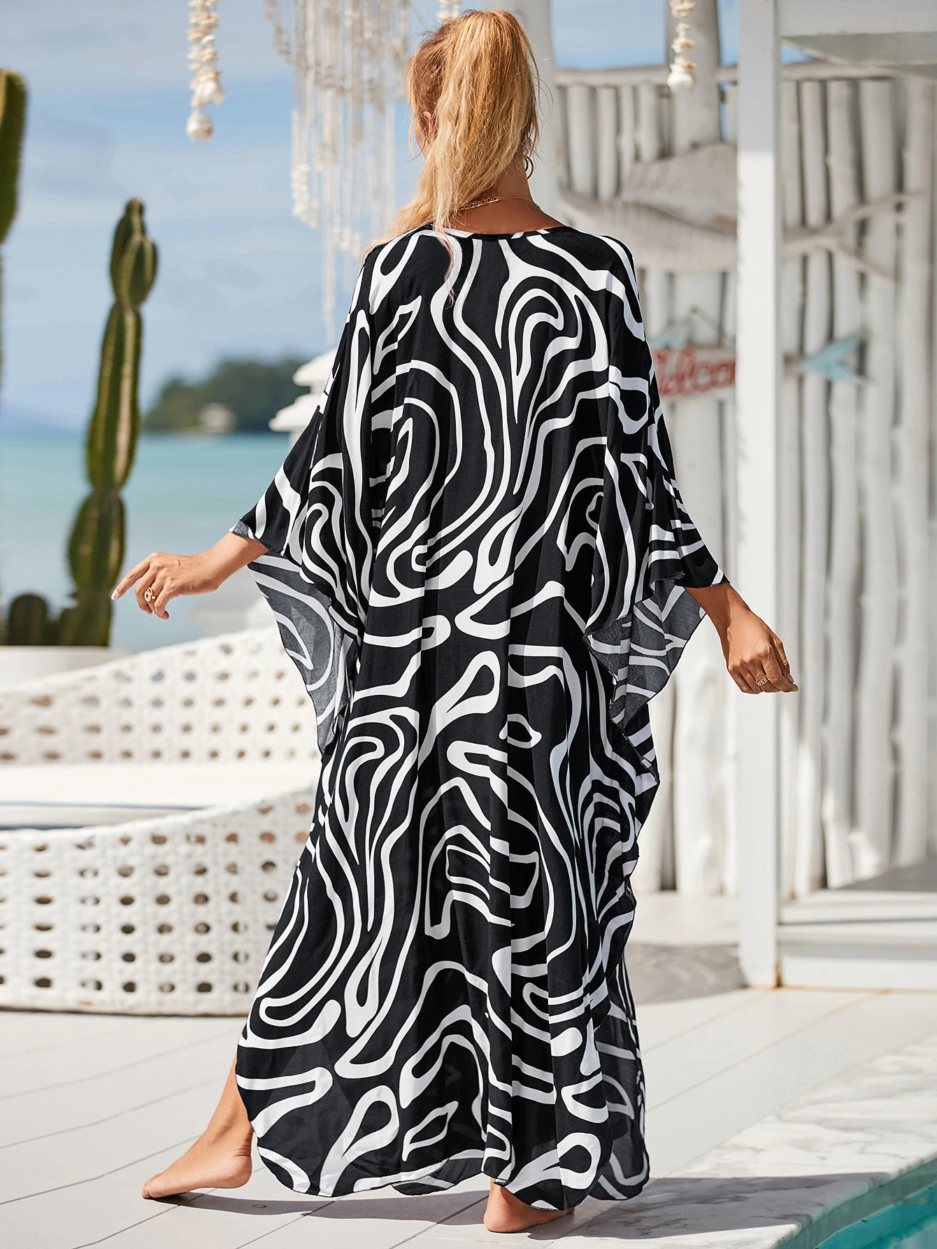 2023 Sexy Zebra Striped Bikini Cover-ups Casual V-neck Side Split Summer Beach Dress Women Beach Wear Swim Suit Cover Up Q1297