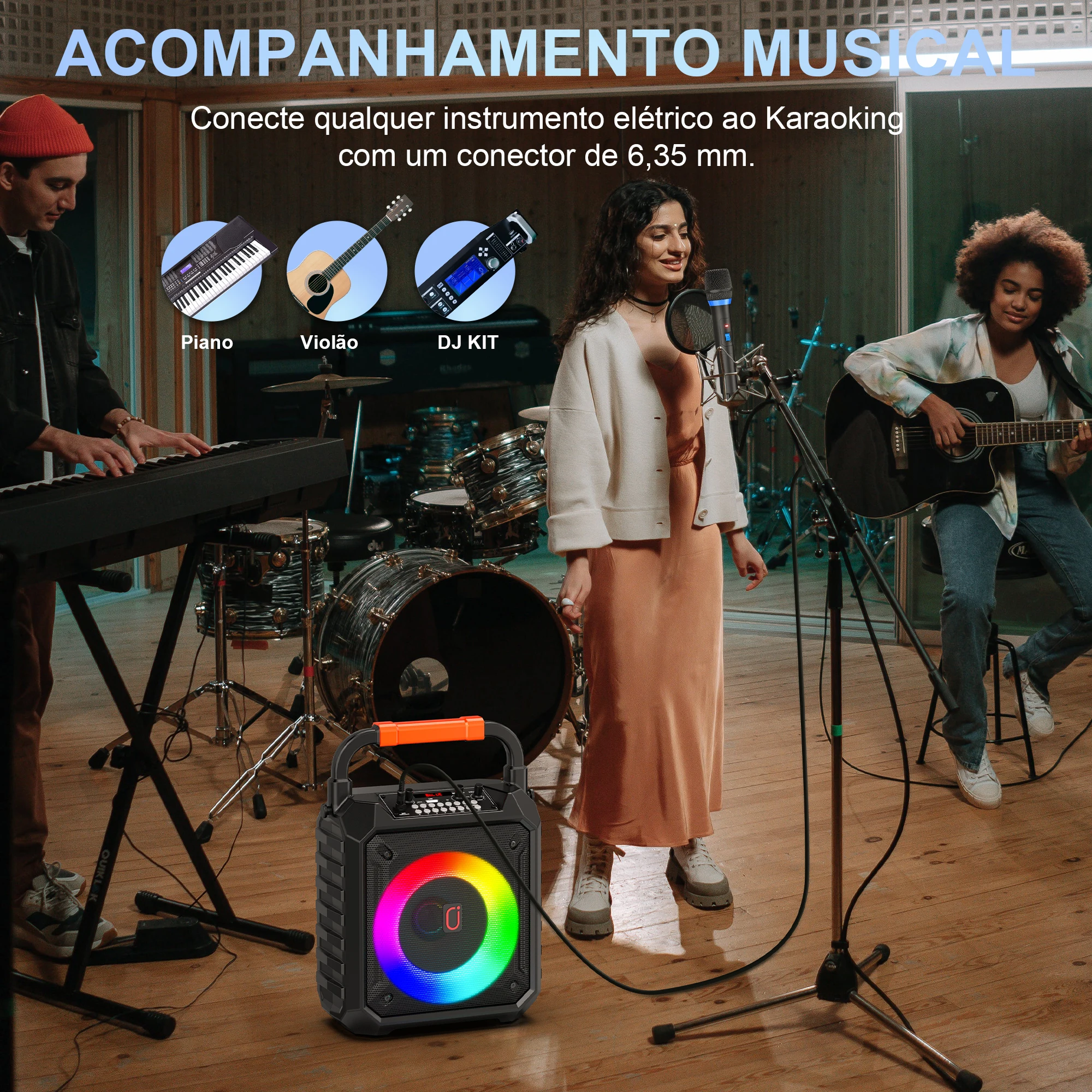 FanFun Wireless Outdoor Speaker, Portable Speaker with Microphone, Colorful DJ Light, Dual Microphone Jacks, TF Card Compatible