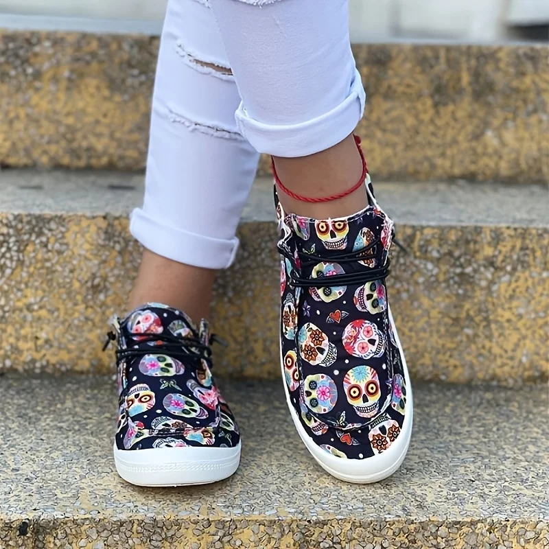 Women Sugar Skull Printed Canvas Sneakers Elastic No‑tie Lace‑up Flat Casual Shoes Ladies Lightweight Soft Sole Halloween Theme Lazy Daily Walking Fashion Sneakers Female Footwear