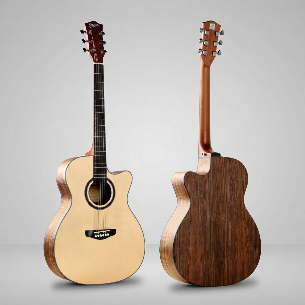High Quality 6 String Cutaway Acoustic Guitar Natural Top Dark Back Sides White Binding Chrome Tuners Dot Inlay Bridge Pins