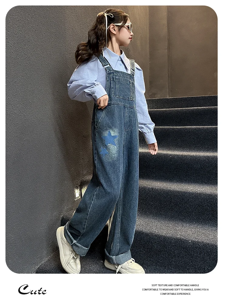 Modische Kinder-Jeans-Overalls für Babymädchen, Blaue Denim-Latzhose mit Trägern, Größe 5 6 7 8 9 10 11 12 13 14 – Detail 9