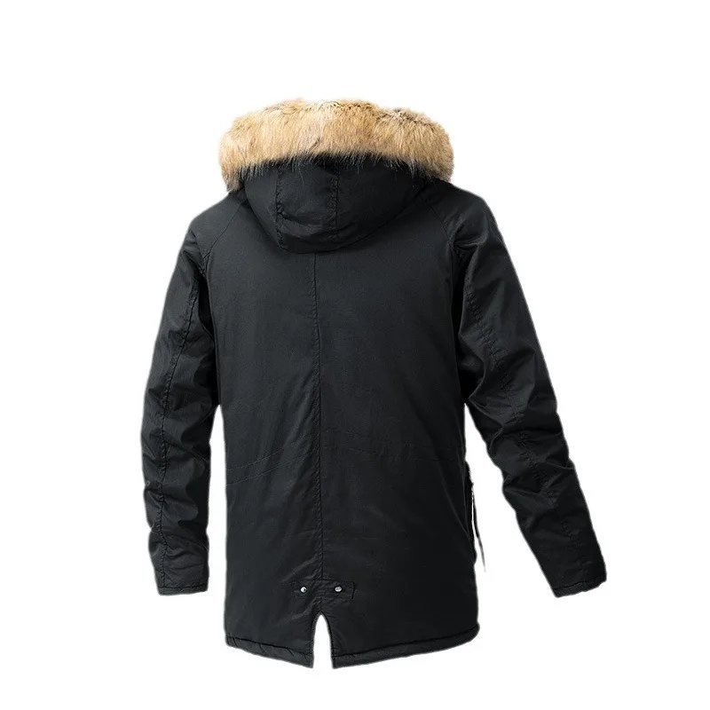 Men's Winter Mid-Length Hooded Cotton-Padded Jacket with Wool Collar Outdoor Warm Casual Loose Fit
