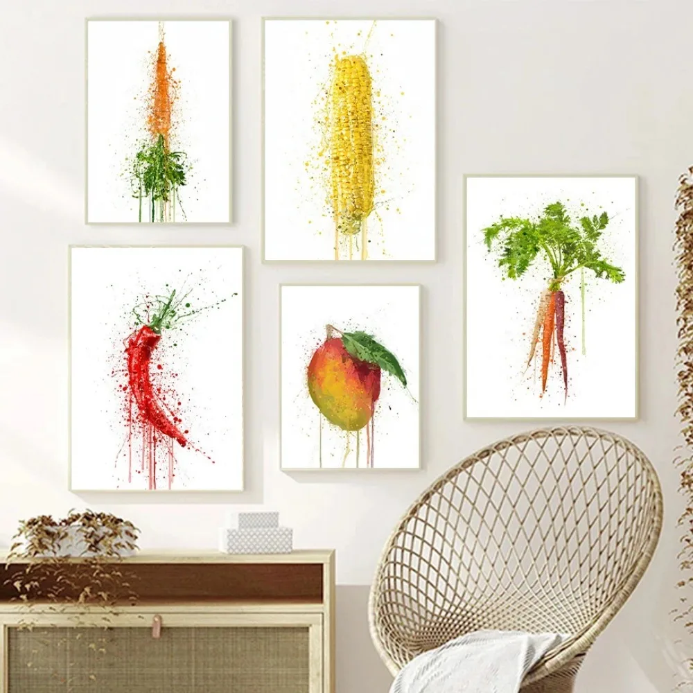 Multicolor Abstract Ink Spray Fruit Vegetable Poster Print Avocado Mango Carrot Wall Art Canvas Painting Home Dining Room Decor