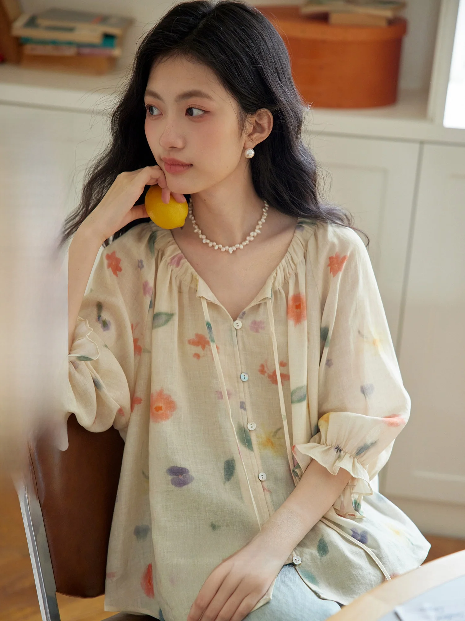 

ORWhite Vintage adient Floral Pleated Seven-Quarter Sve V-Ne Tie-Dye Commute irt Women Loose Fit Regular Sve