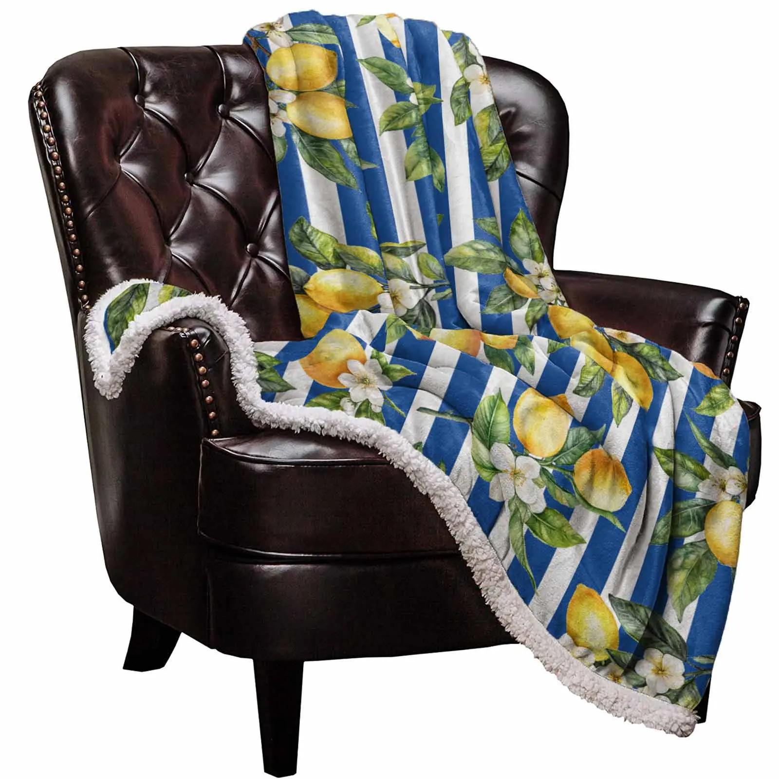 

Classic Summer Blue Striped Lemon Plant Warm Winter Soft Throw Sherpa Blankets for Home Beds Sofa Travel