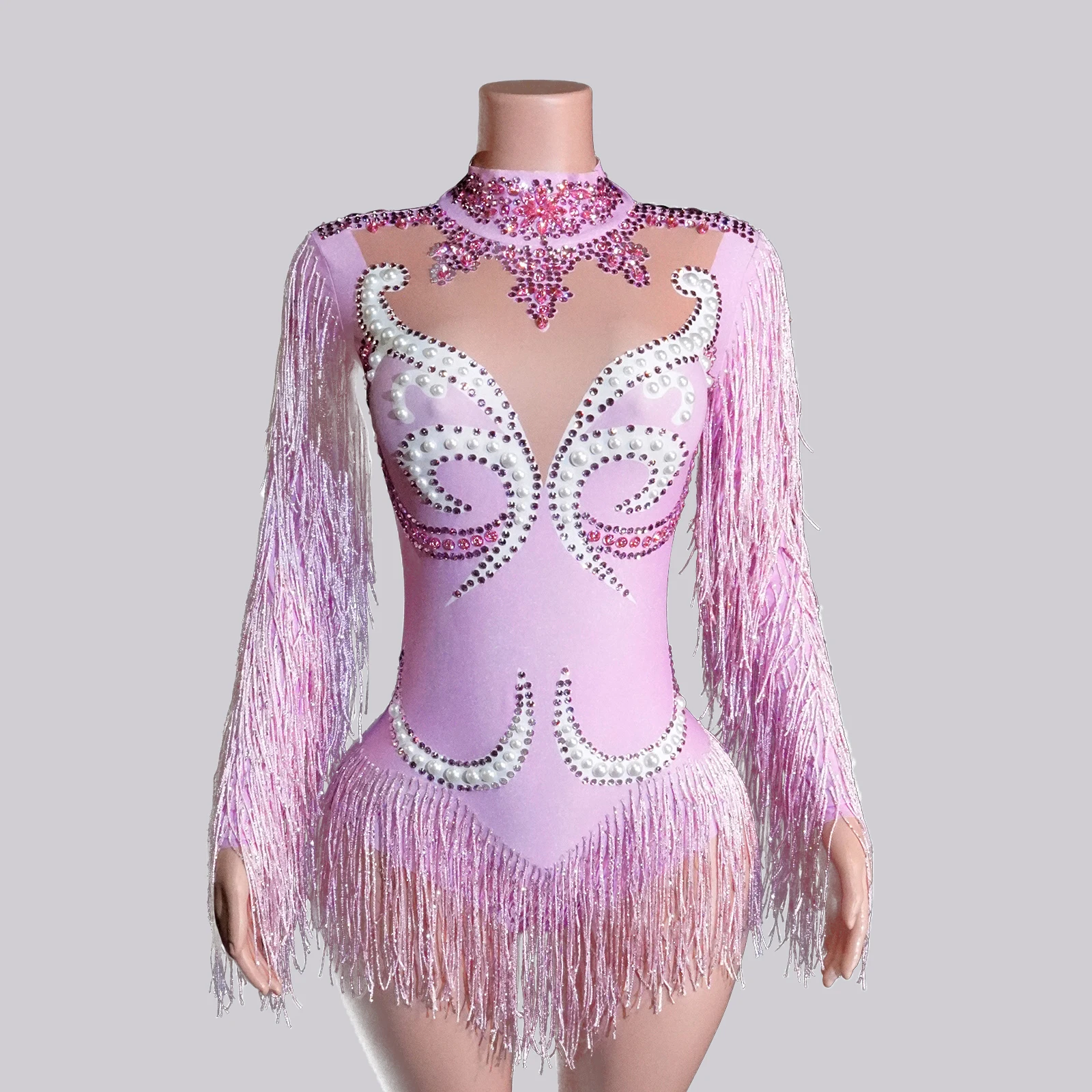 

Sparkle Pink Rhinestone Fringe Bodysuit Stage Outfit NightClub Show Girl Costume Dance Gogo Drag Queen Clothes Club Evening Part