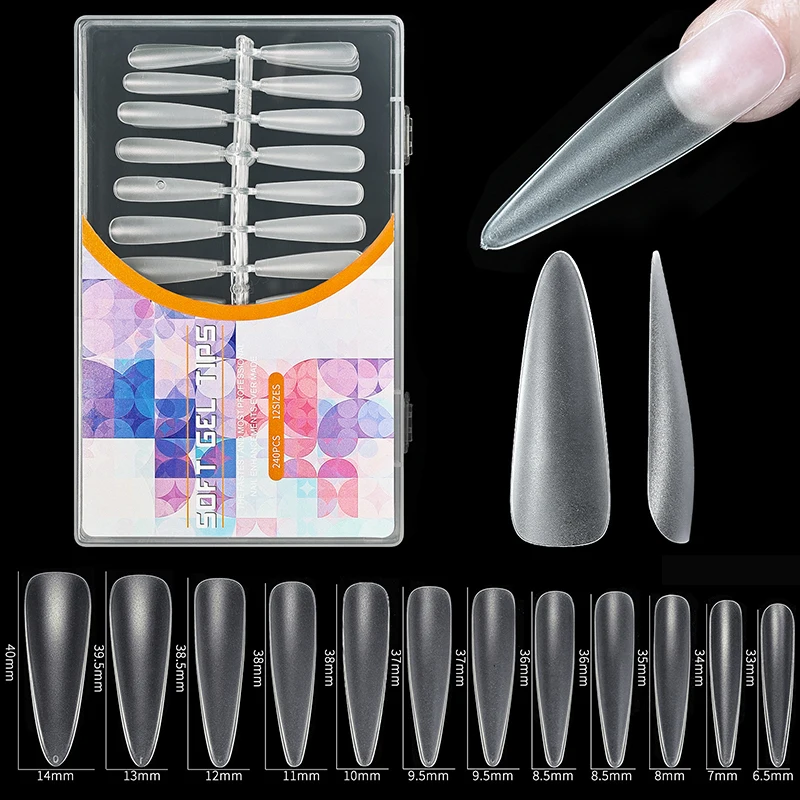 240 stuks lange T-type valse nageltips acryl volledige halve dekking nepnagels zachte tips professionele kunstmatige verlenging accessoires