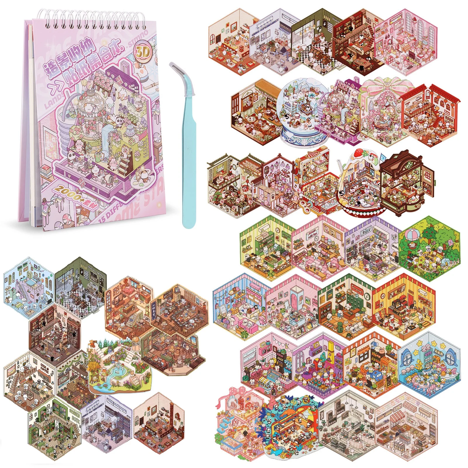 

31/12pcs Scene Sticker Book 3D Cartoon Landscape Sticker DIY Dress-up Game Cabin Scene Pocket Puzzle Toys for Kid Birthday Gift