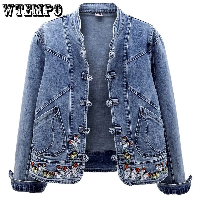 Short Denim Jacket Vintage Chinoiserie Embroidered Stretch Jacket Women\'s Spring and Autumn All Match Fashion Harajuku Slim Tops