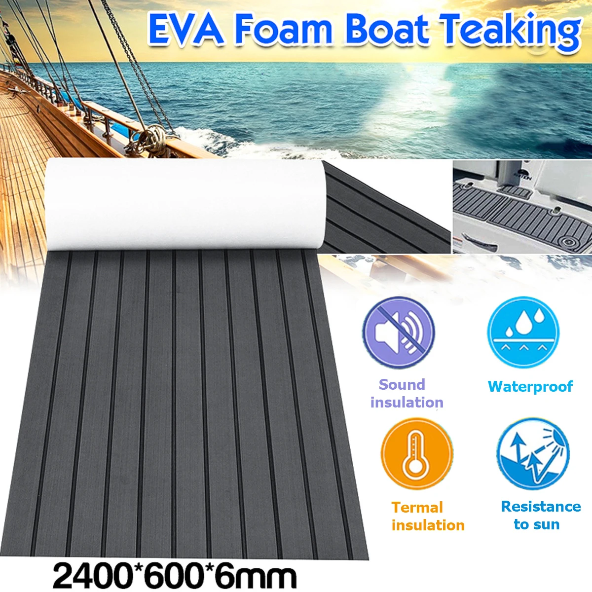 Revestimiento de suelo para embarcaciones de espuma EVA imitación teca de 2400x600x6mm, gris y negro, para deportes acuáticos y piscinas.