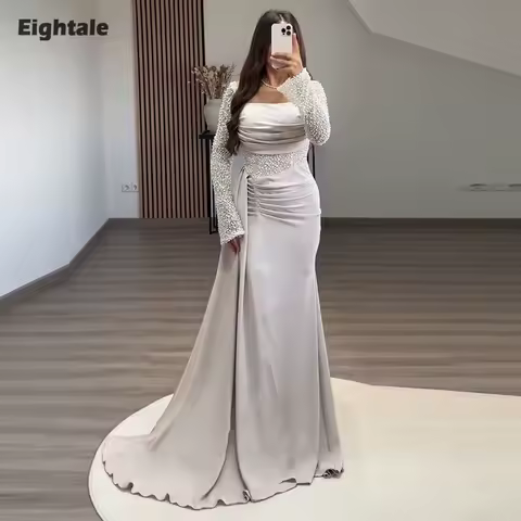 Eightale Arabic Evening Dress Strapless Pearls Prom Gown Long Sleeves Muslim Customized Wedding Party Dress Mermaid