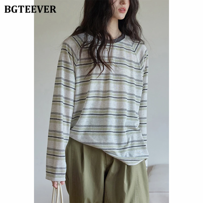BGTEEVER Summer Fresh Gray-Green Striped Sun Protection Cover-Up Women's Loose Fit Lyocell Long-Sleeve T-Shirt