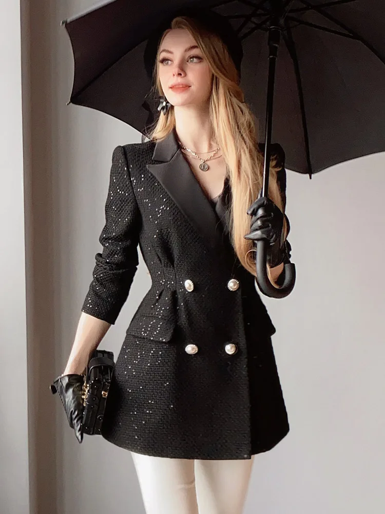 Imagem -06 - Dabuwawa Primavera Outono Frisado Blazer Feminino Hepburn Estilo Tweed Retalhos Jaquetas Cabolsa Preto Terno Jaqueta 2023 Df1dot004