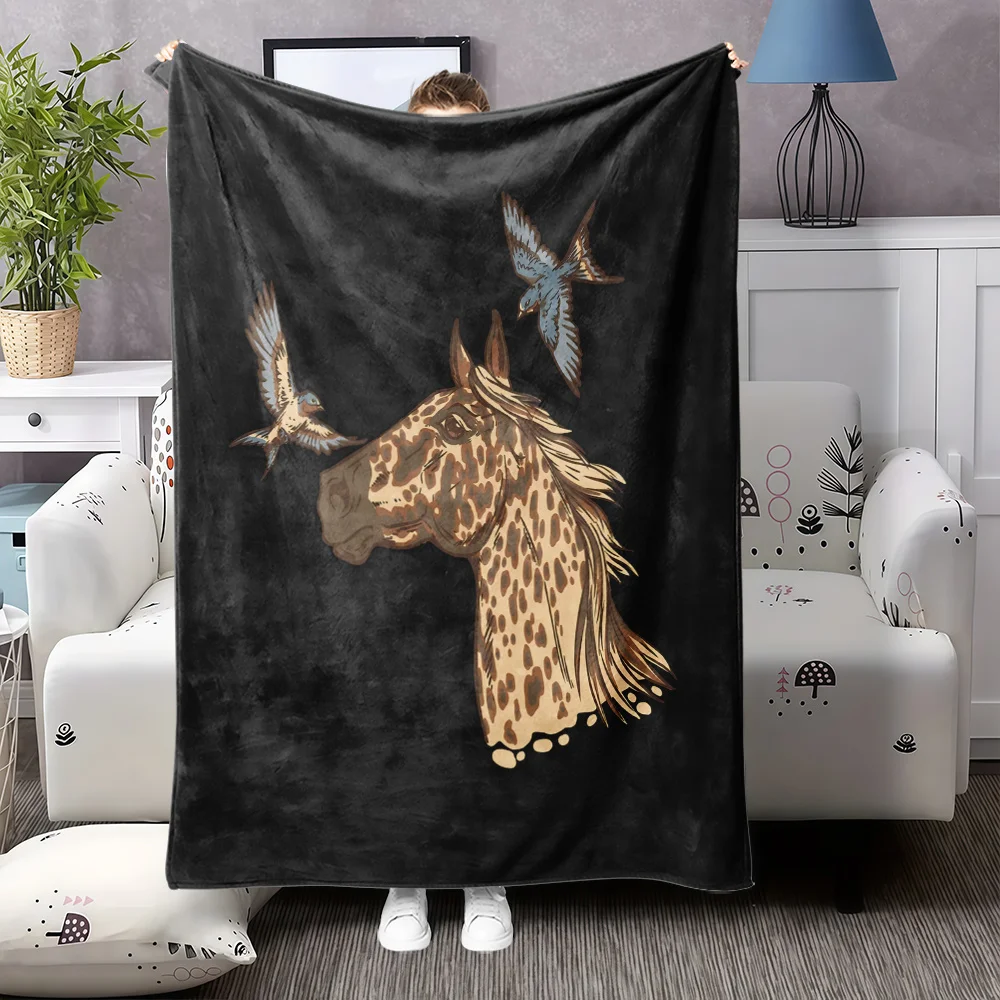 1pc Leopard Horse & Birds Print Flannel Blanket - Black/Beige/Brown Soft Bedspread, All-Season Luxury Bed Cover for Couch, Trave