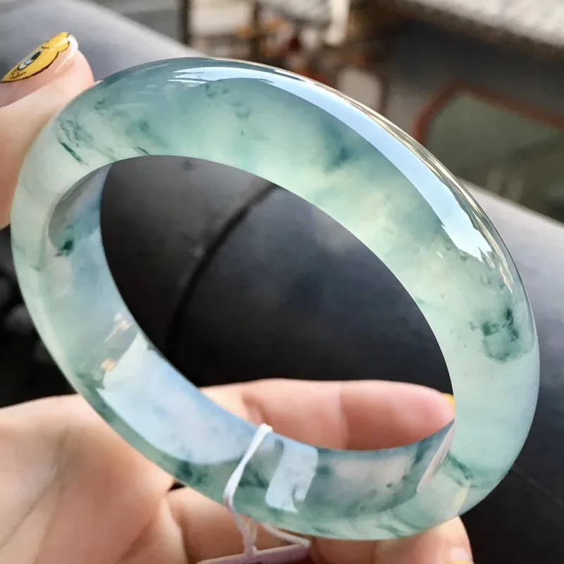 Natural Burmese ice jadeite bracelet with blue patterns, jadeite bracelet with green translucent patterns, women's standard ring