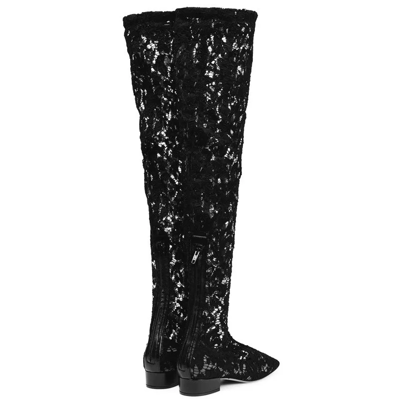 Aucegi Sexy Mesh Floral Lace Women Dance Zipper Over The Knee Boots Square Toe Low Thick High Heels Black Dress Dancing Shoes