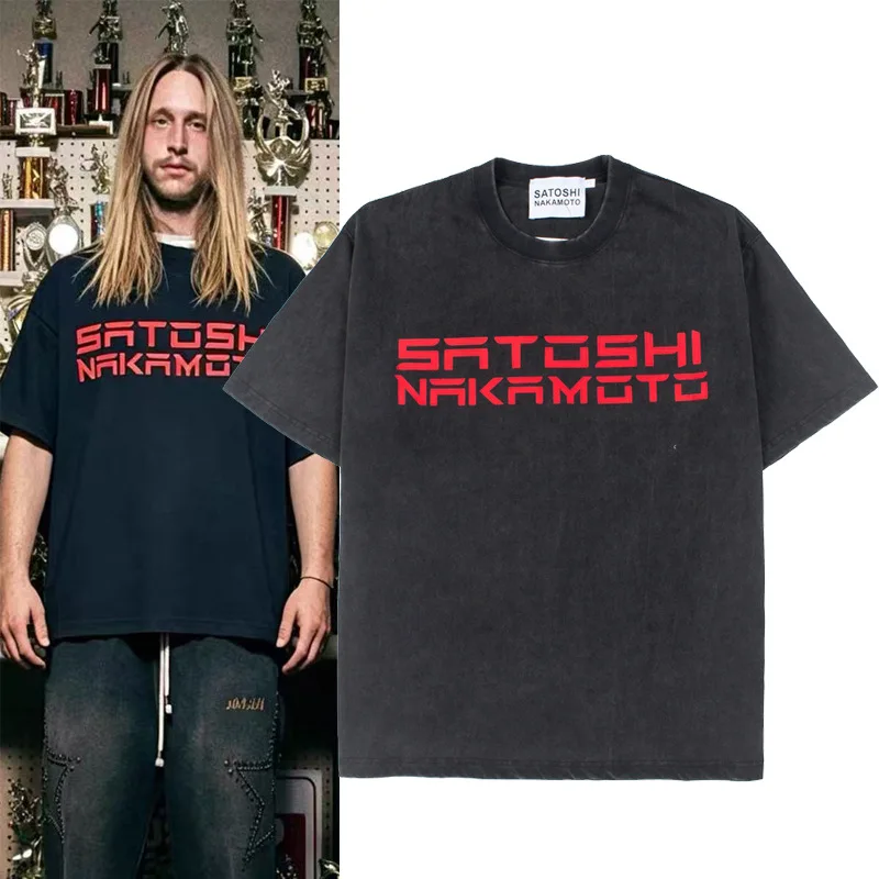 Satoshi Nakamoto Retro Patch Lettering Washed Vintage Short-Sleeved T-Shirt for Men and Women Trendy