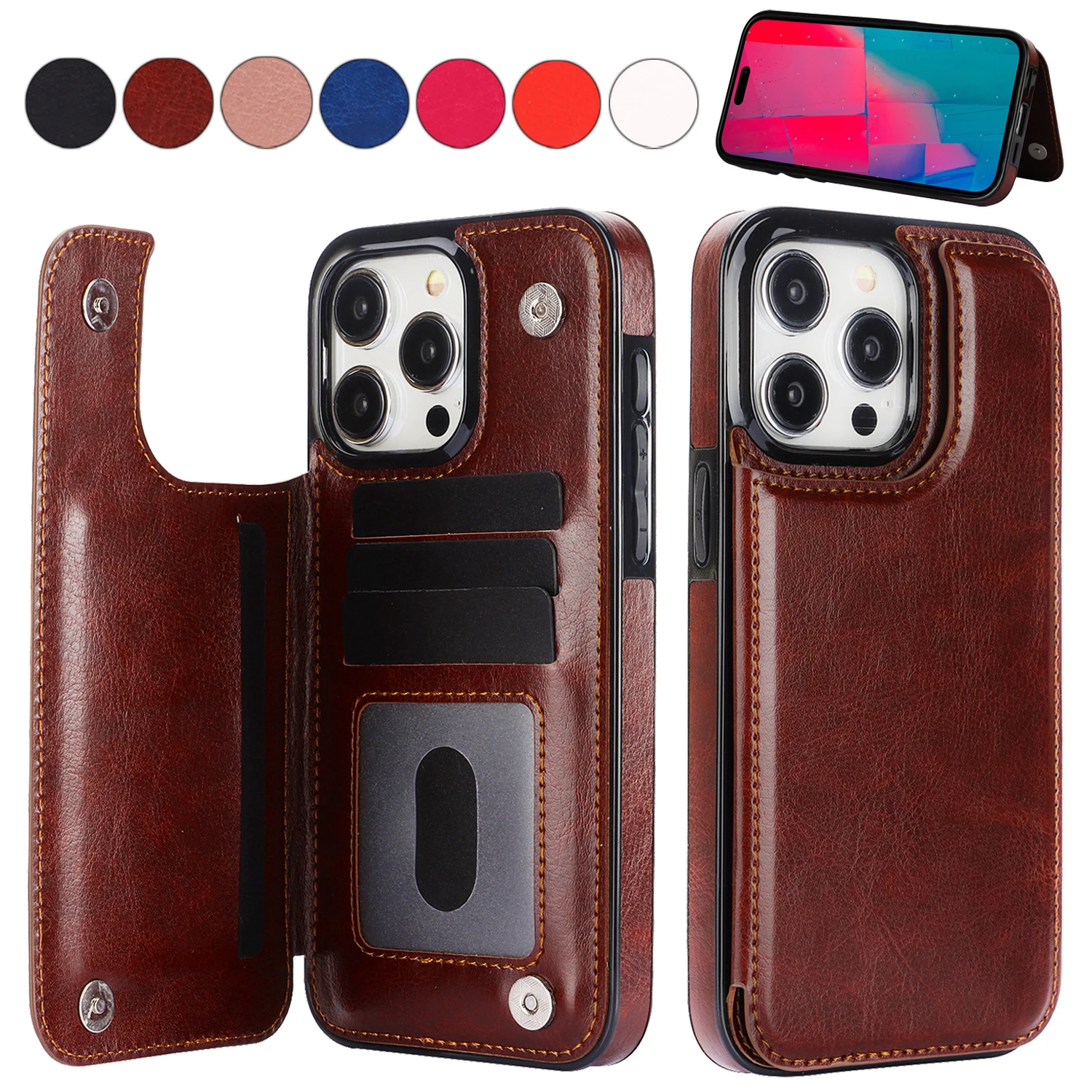 Brieftaschen-Hülle in Unifarbe mit Doppelschnalle, Kartenfach und Magnetverschluss aus Leder für iPhone 17 Pro Max, Air 16e, 15 Plus, 14, 13, 12, 11, XR