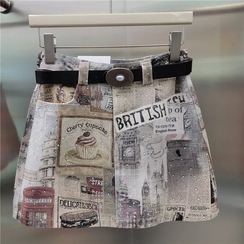 WTHT Vintage 2025 Summer Women's Irregular Cartoon Print Denim Mini Skirt Trendy High-waisted A-line Skirts Female 1LS1495