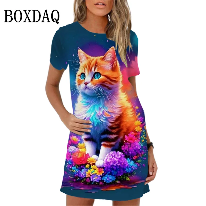 New 2024 Women Dress Classic Cartoon Cat Pattern Short Sleeve O-Neck Mini Dress Sweet Cute Summer Casual Woman Dress Vestidos