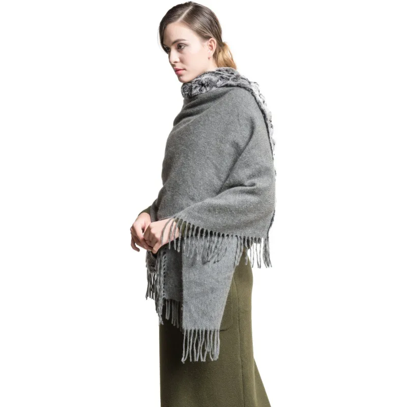 Quastenbesatz 100% Wolle mit Echtem Rex-Kaninchenfell Einfarbiger Schal Modisches Accessoire für Damen – Detail 4