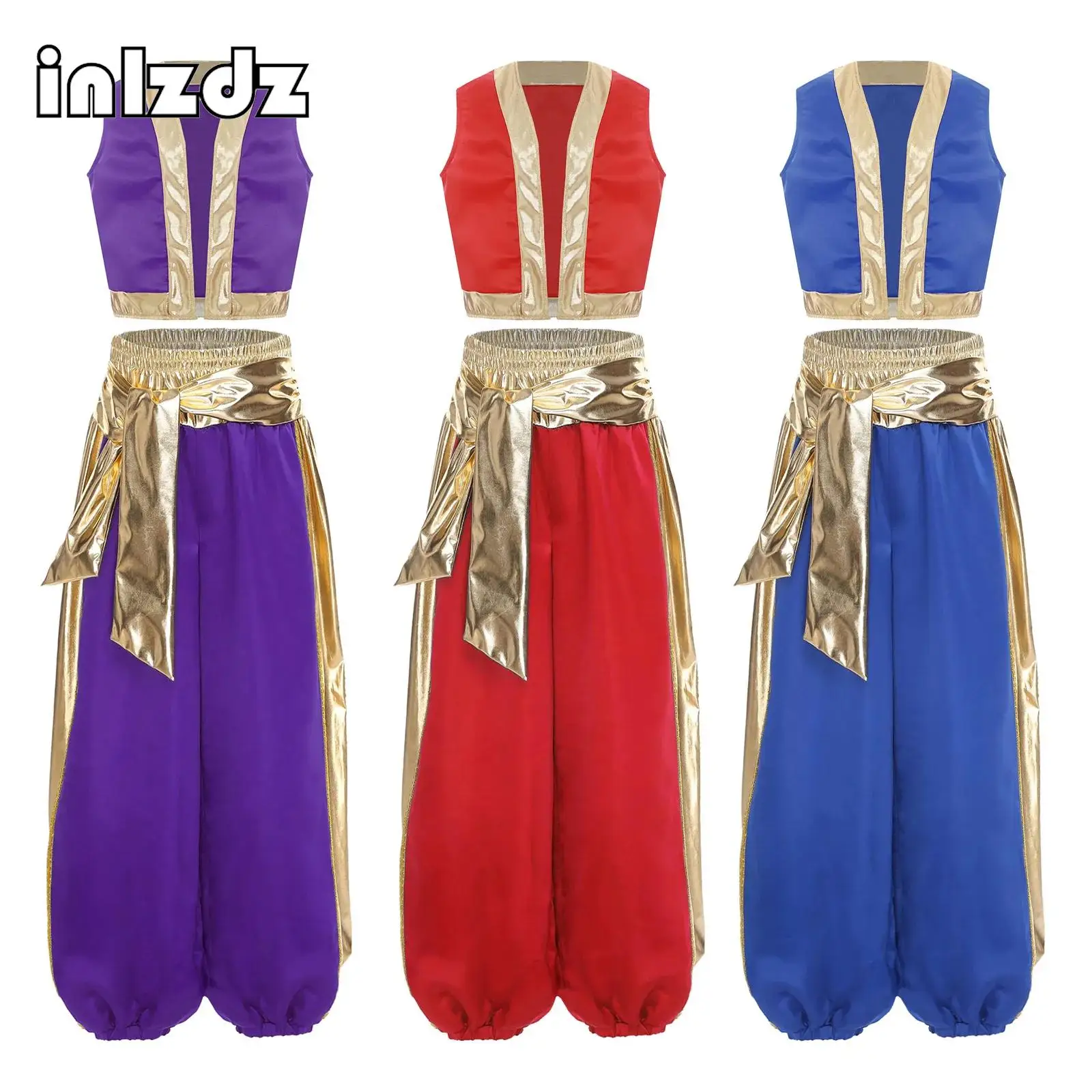 

Boys Arabian Costume Arab Prince Cosplay Dress Up Vest Waistcoat Pant Suit for Halloween Carnival Stage Performance Themed Party