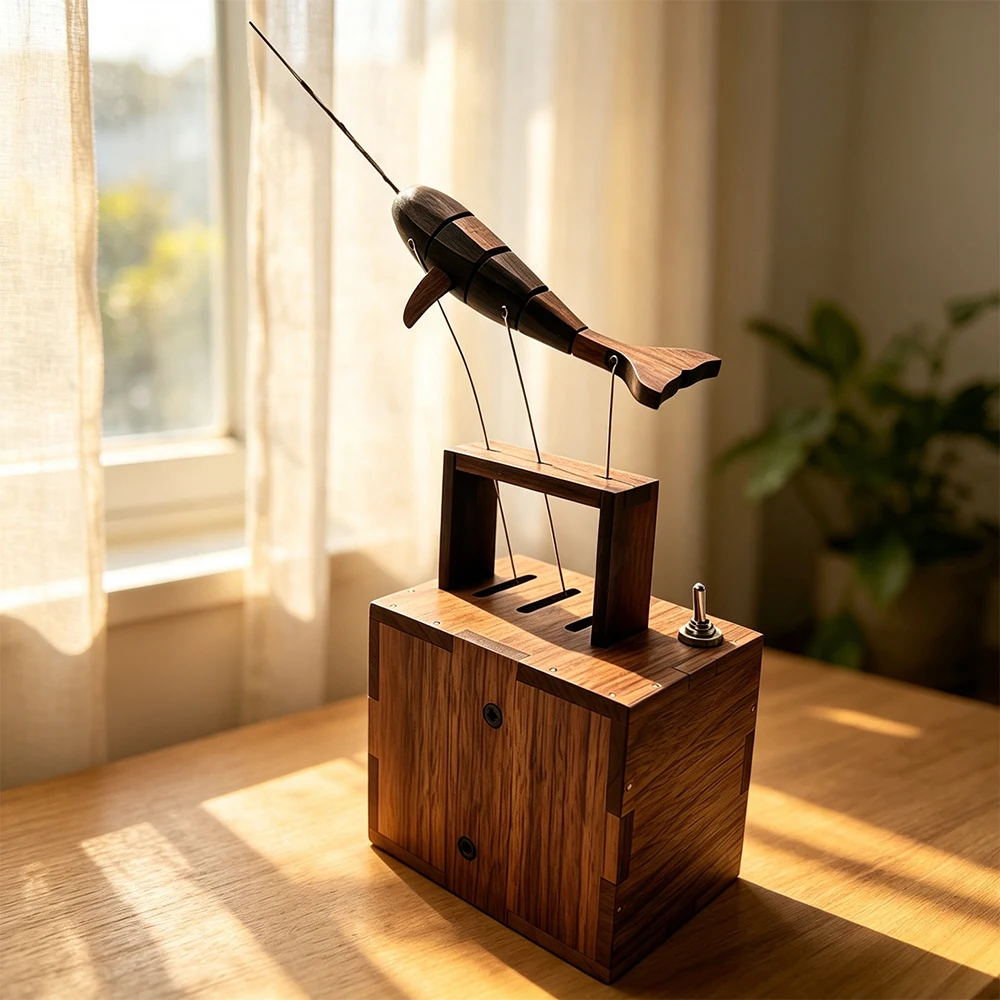 Handcrafted Wood Narwhal Automaton Kinetic Sculpture, Bionic Marine Animal Mechanical Motion Desktop Ornament Collectible Gift