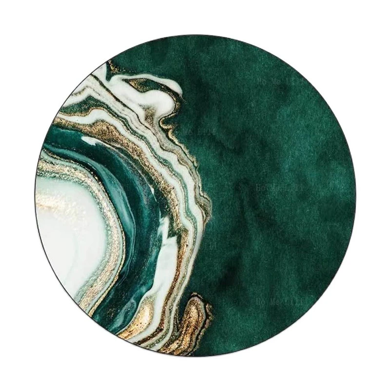 Emerald Green Marble Round Area Rug Modern Abstract Soft Washable Floor Carpet For Bedroom Living Room