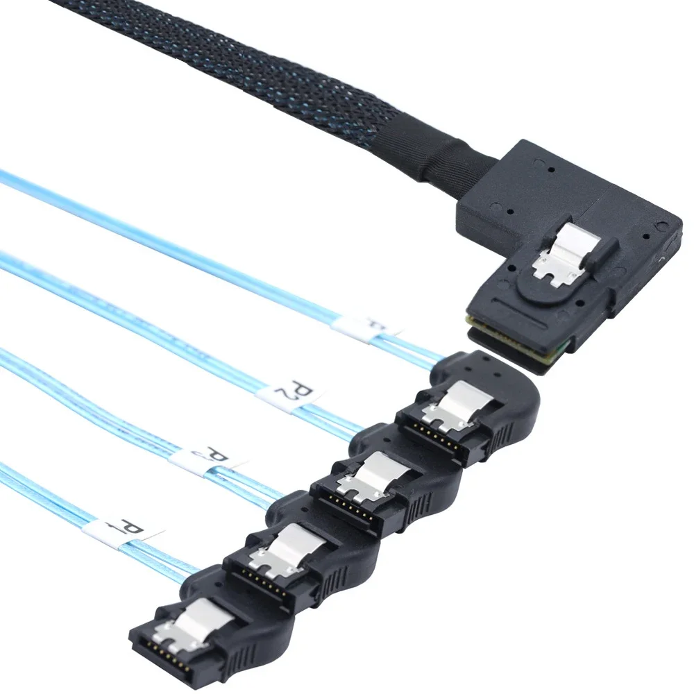 Reliable Mini SAS HD SFF-8087 Right-Angle to 4 SATA 7P Right-Angle Cable for High Performance Internal Server Connections