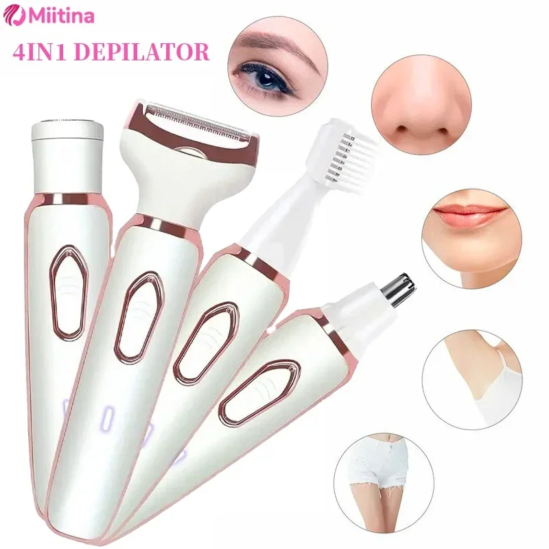 4 In 1 Electric Razor Women for Full Body Shaving Lady Shaver Eyebrow Facial Epilator Trimmer Nose Painless Bikini Hair Removal