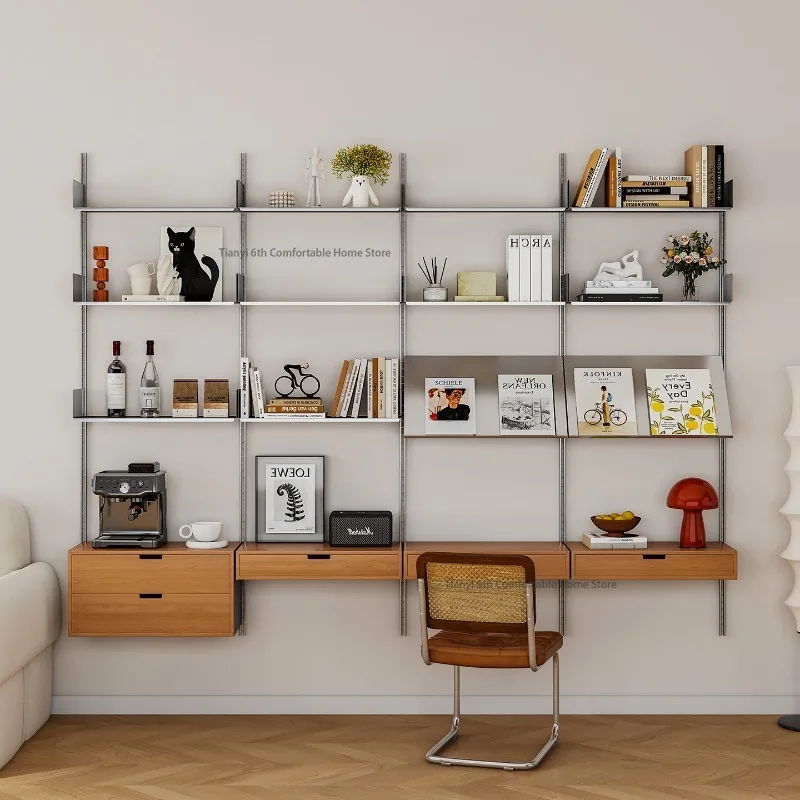 u*-Modern Solid Wood Shelf Nordic Stainless Steel Adjustable Wall Track Wall-mounted Bookcase Home Furniture