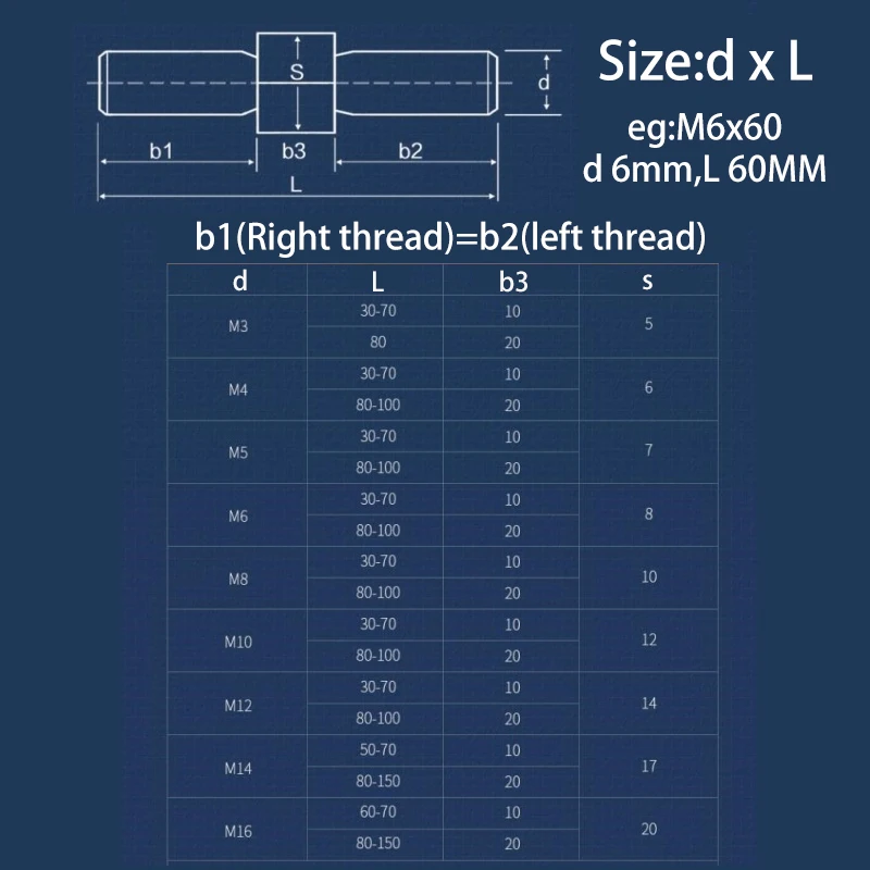 Left and Right Thread Dual Head Threaded Bar M3~M16 304 Stainless Steel Double Ended Bolt for Machinery Durable Hardware for DIY