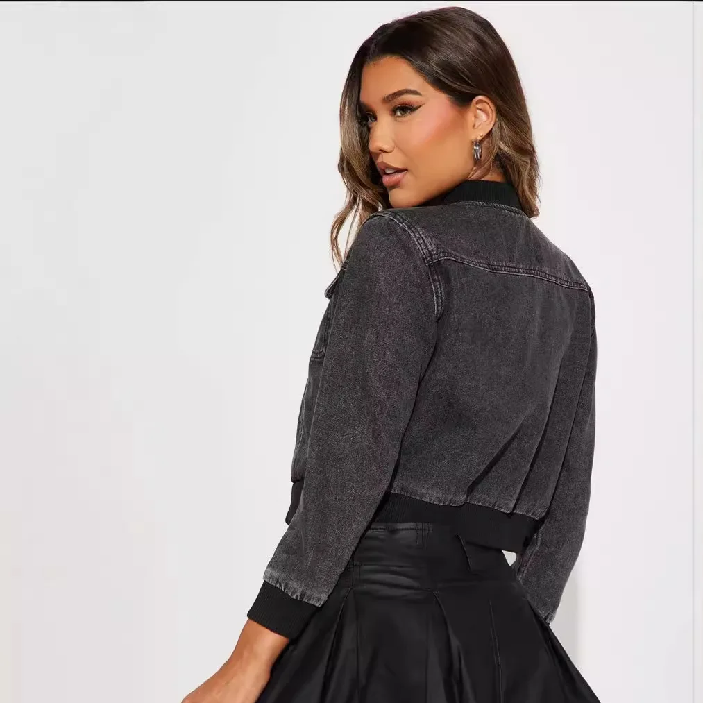 ผู้หญิงเสื้อแขนยาว DENIM แจ็คเก็ตเดี่ยว Breasted Coat เสื้อสเวตเตอร์ถักเปิดลงปก VINTAGE Spliced กระเป๋า 2025 Slim