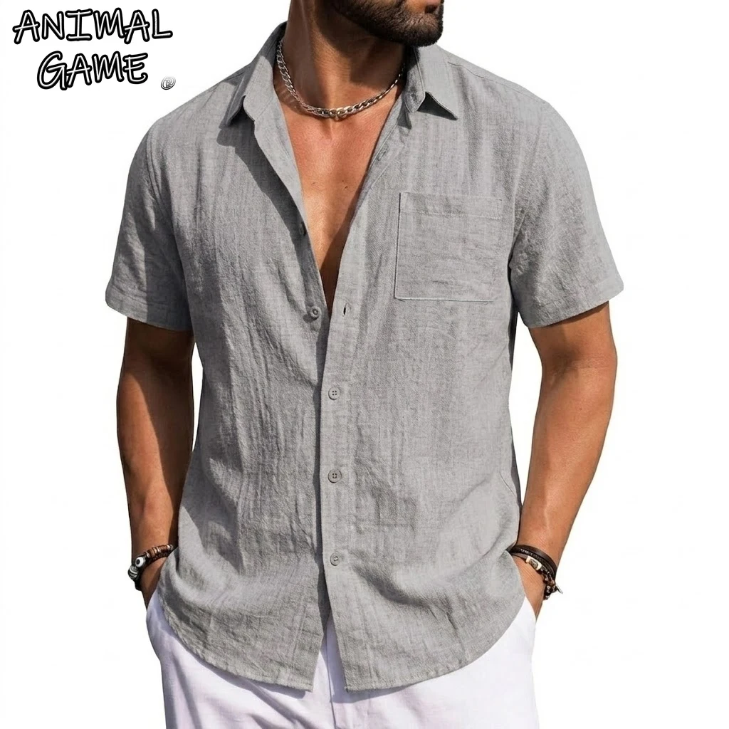 

Мужские льняные рубашки с коротким рукавом, повседневные рубашки на пуговицах для мужчин, летняя пляжная рубашка для свадьбы, однотонная гавайская рубашка