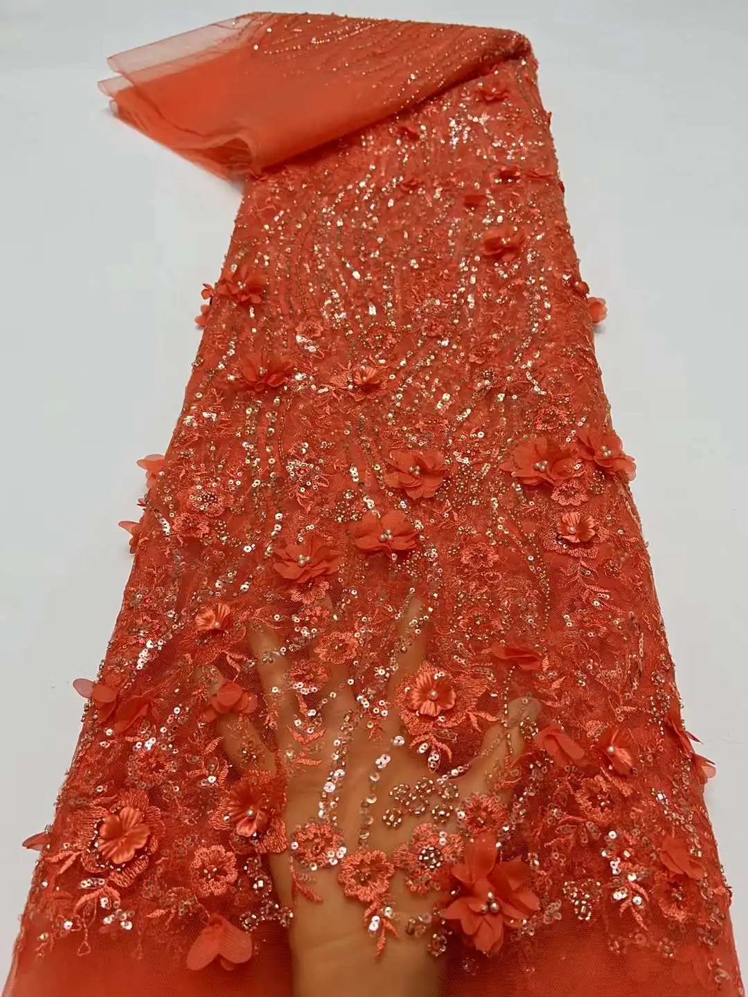 

African Lace Fabric Luxury Sequins and Beaded Embroidery for Wedding, Nigerian 3d Flower Bridal, French Tulle, High Quality 2024