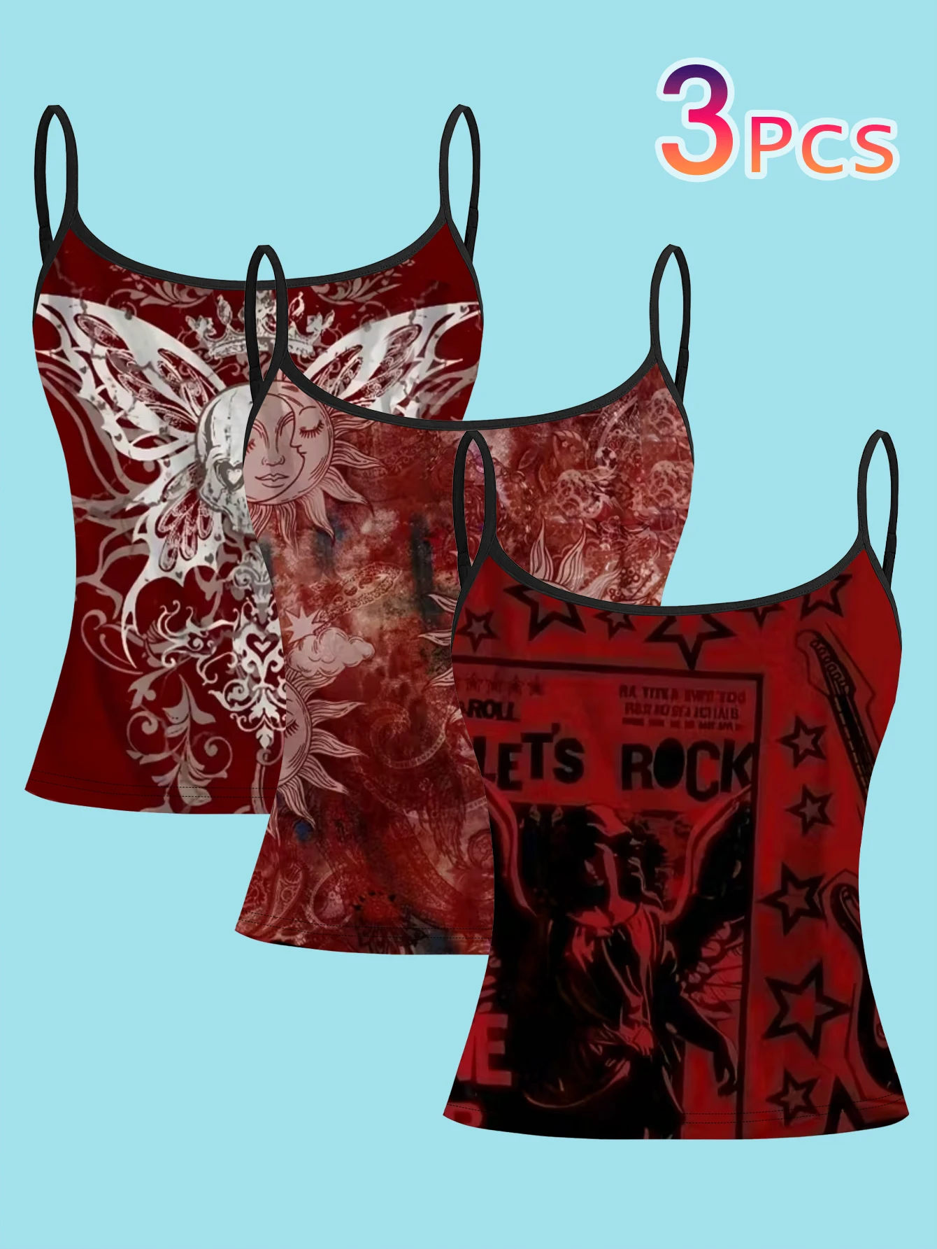 3-Piece Set of Vintage Rock-Style Butterfly Sun and Moon Print Camisoles, Y2K Hot Girl Slim-Fit Tank Tops for Layering or Wearing Alone