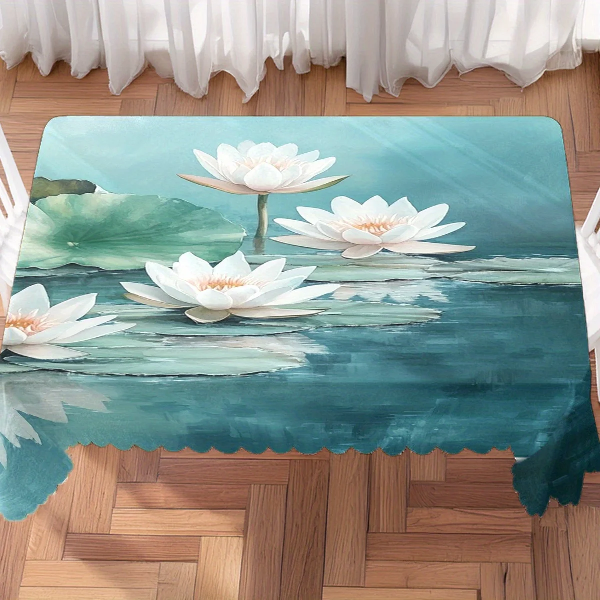 Oil Painting White Water Lily Lake Print Waterproof Tablecloth, Rectangular Table Cover Home Dining Elegant Floral Party Decor