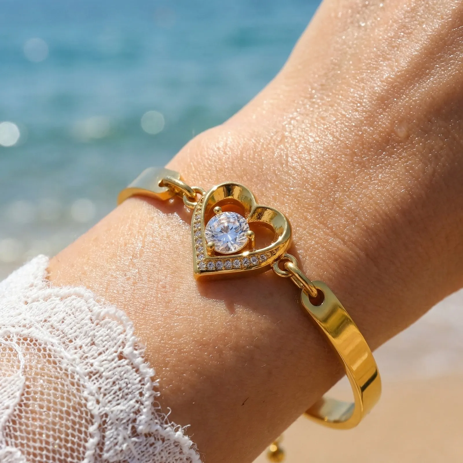 

Heart Bracelet, Waterproof 18k Gold Plated Stainless Steel CZ Crystal Bangle, Adjustable Love Charm Jewelry for Women