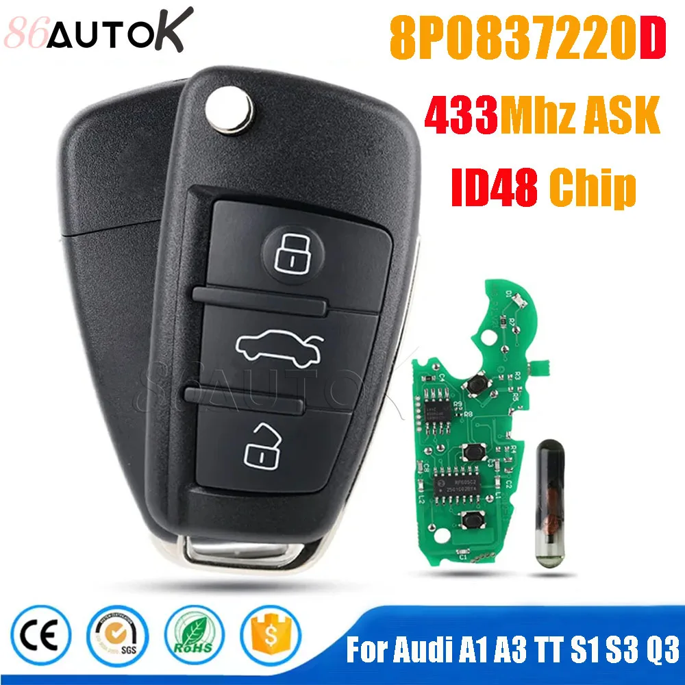 

86AUTOK - Пульт дистанционного управления для автомобиля 8P0837220D для Audi A1 A3 TT S1 S3 Q3 2005+ с чипом ID48, частота 433 МГц, ASK, 8P0 837 220 D, выкидной ключ-брелок